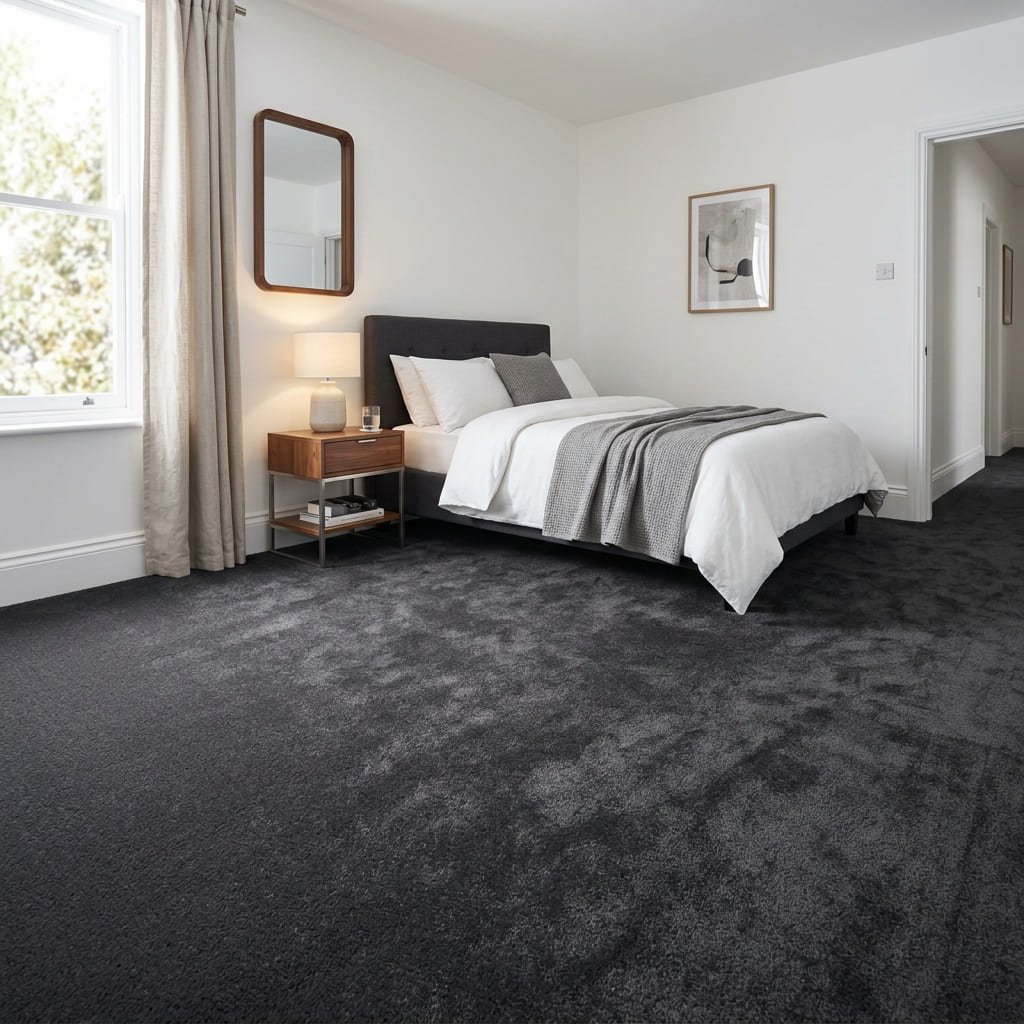 Dark charcoal plush carpet in contemporary bedroom