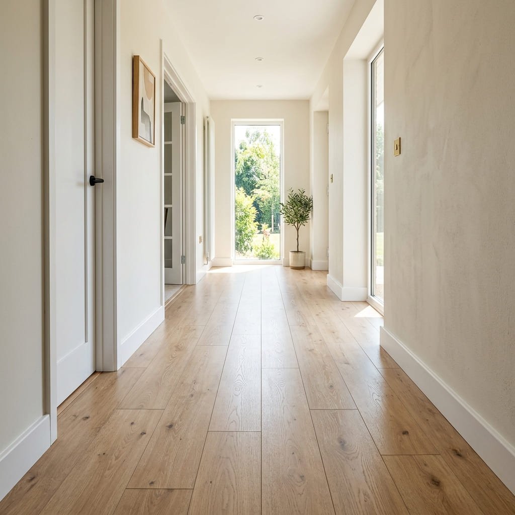 Pristine light-oak laminate flooring down a sunlit hallway