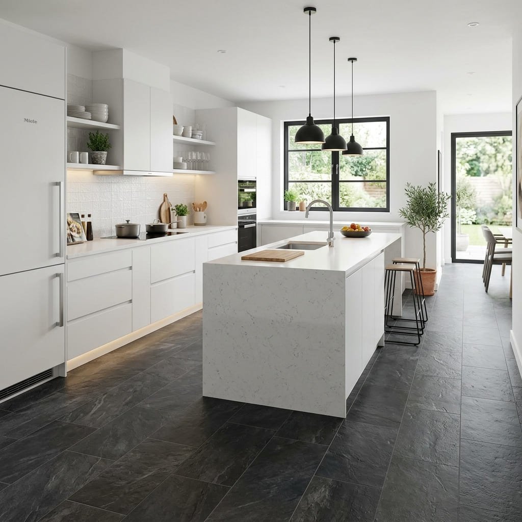Dark stone-effect LVT flooring in a modern white kitchen