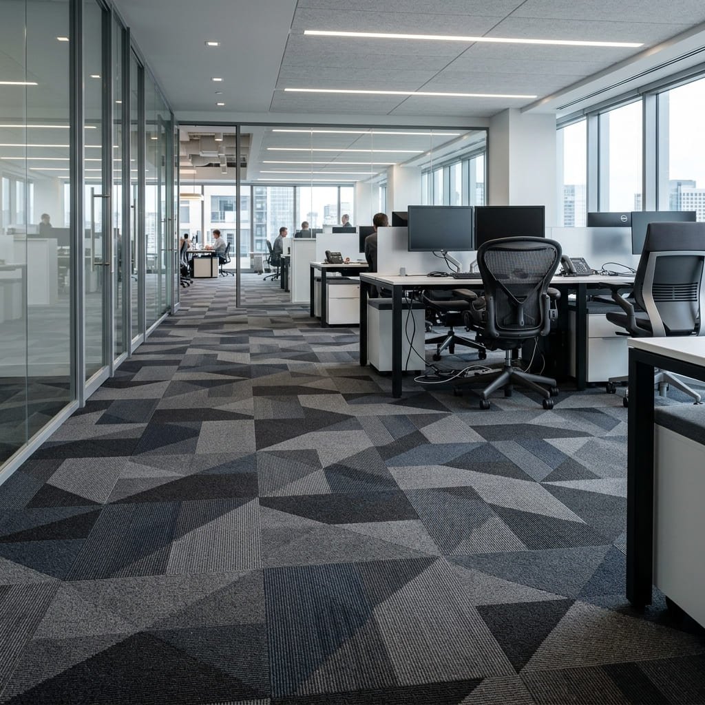 Geometric patterned carpet tiles in corporate office