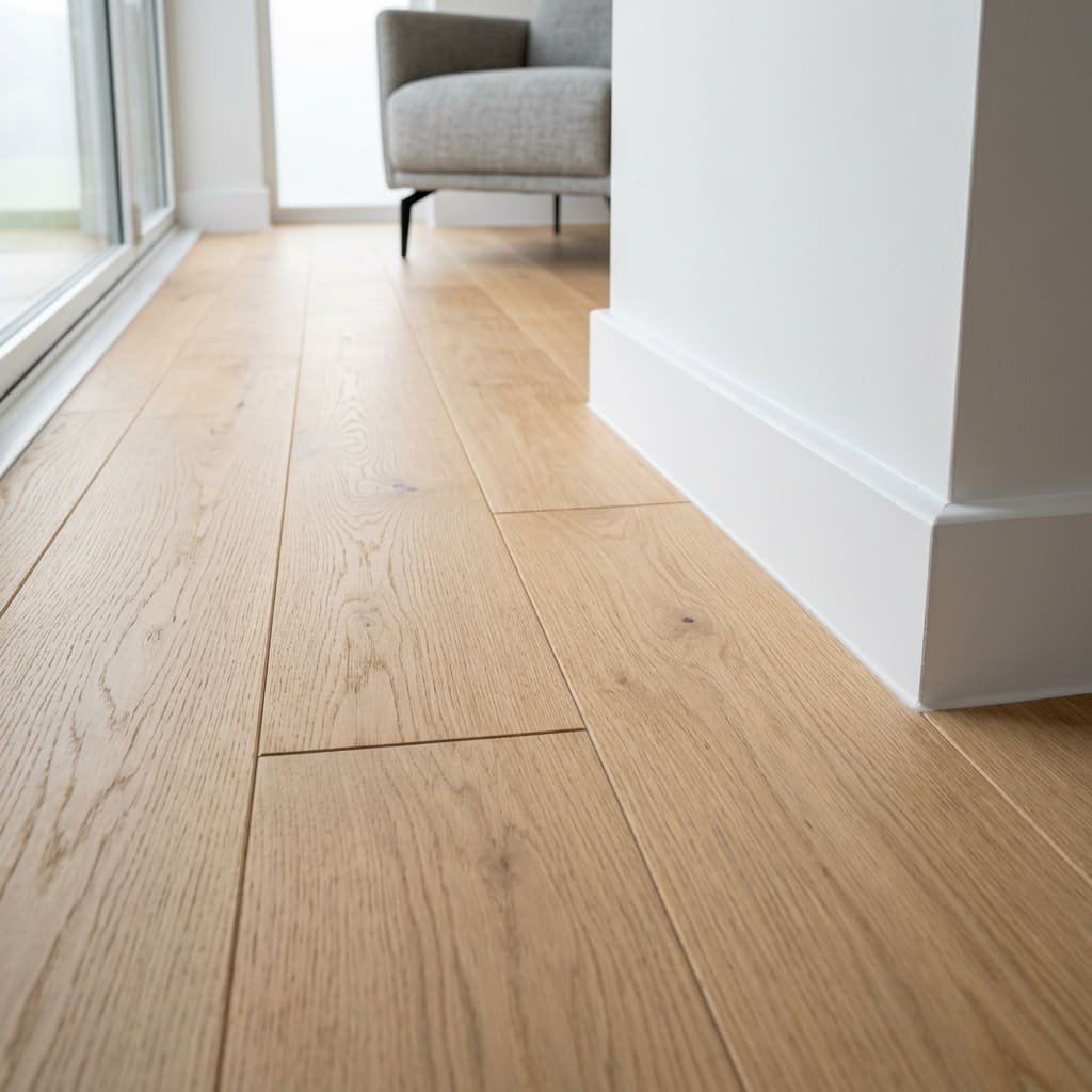 Close up of engineered wood flooring being professionally fitted