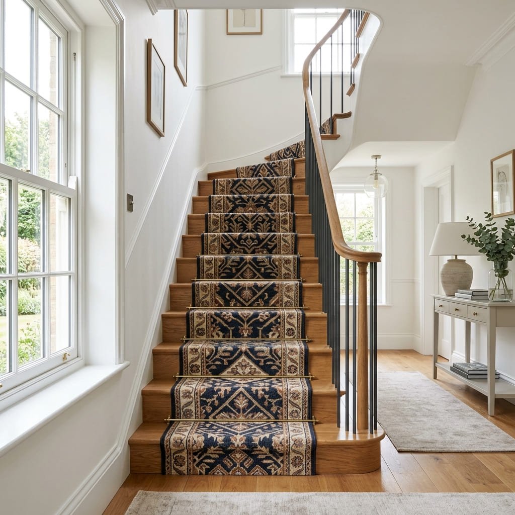 Patterned stair runner carpet fitted on wooden staircase